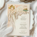 Menu Art Nouveau Wedding Dinner by Mucha Invitation<br><div class="desc">This exquisite wedding dinner menu features a stunning Art Nouveau design inspired by the works of Alphonse Mucha. The front of the menu showcases a graceful illustration of a woman presenting a dish, framed by soft earth tones of vintage green, ivory, and golden accents. The intricate details of the illustration...</div>