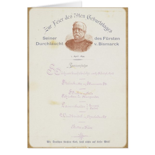 Menu at Prince von Bismarcks Cards (Front)