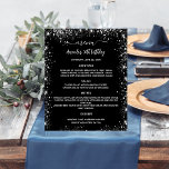 Menu black silver white<br><div class="desc">An elegant,  glamorous menu.  A black background,  decorated with faux silver glitter,  sparkles. White text.  Personalize and add your name,  dates and the menu. 
You can add more text,  photos on the back.

1 sheet = 1 menu printed edge to edge.</div>