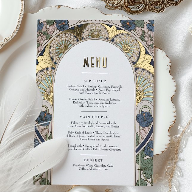 Menu Card Navy Blue Gold Art Nouveau Mucha (Creator Uploaded)