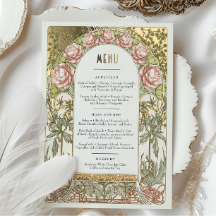 Menu Card Peonies Gold Art Nouveau Mucha