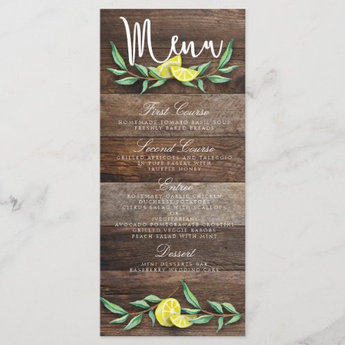 MENU CARD  Rustic Wood Lemon Watercolor Wedding