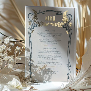 Menu Card Vintage Art Nouveau Teal Gold Foil