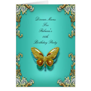 Menu Dinner Card Gold Teal Blue Butterfly