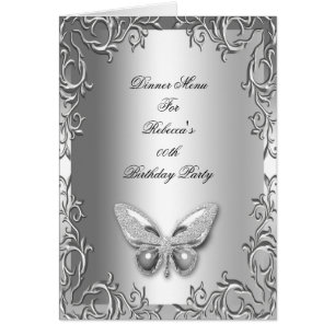 Menu Dinner Card Silver Gray Butterfly Floral