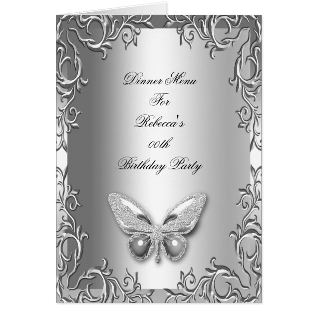 Menu Dinner Card Silver Gray Butterfly Floral (Front)