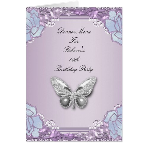 Menu Dinner Card Silver Lilac Mauve Butterfly