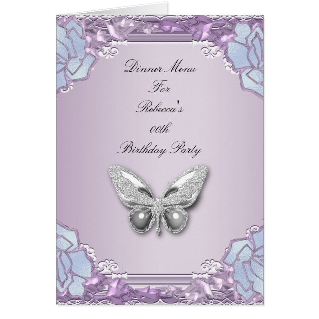 Menu Dinner Card Silver Lilac Mauve Butterfly (Front)