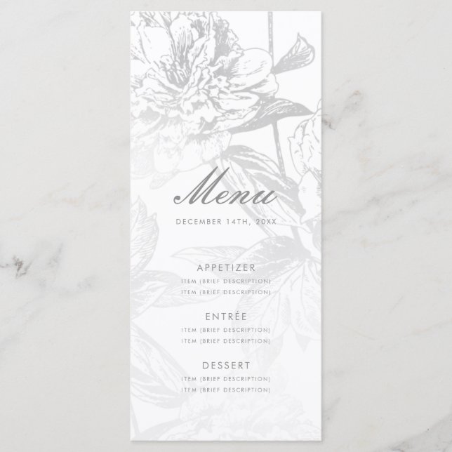 Menu Elegant Wedding Simple Modern Floral Silver (Front)