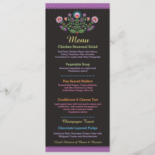Menu Fiesta Party Mexican Purple Wedding Reception (Front)