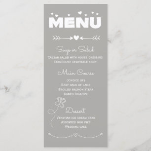 Menu Gray & White Hearts & Butterfly Wedding Party