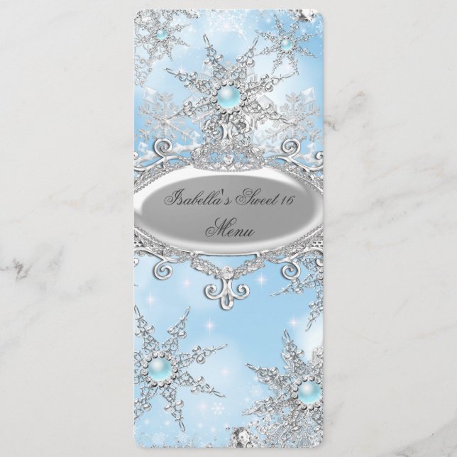 Menu Icy Blue Princess Winter Wonderland Sweet 16 (Front)