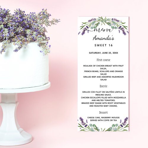 Menu lavender violet eucalyptus greenery bithday