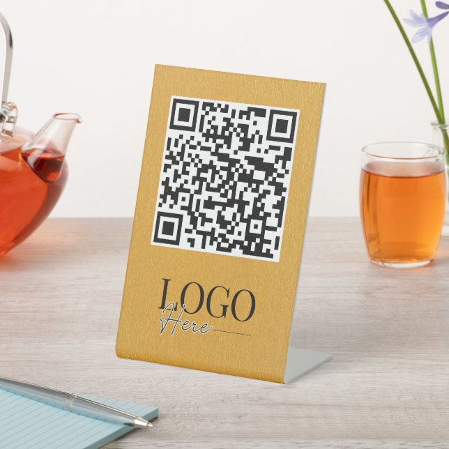 Menu Logo QR Code business Modern Simple Gold Pedestal Sign (In SItu)