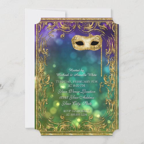 Menu Mardi Gras Masquerade Bokeh Gold Glitter Invitation