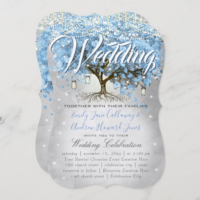 Menu Mason Jar Blue Heart Leaf Tree Watercolor Invitation (Front/Back)