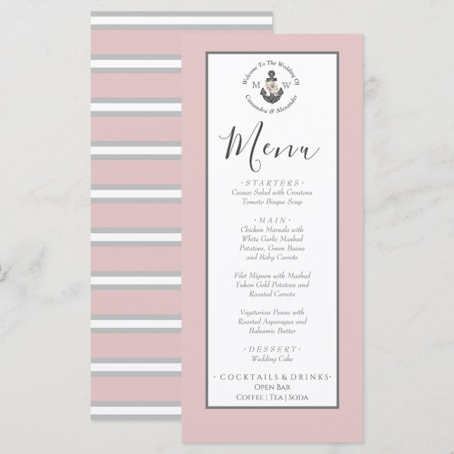 Menu Nautical-Themed Floral Anchor Dusty Rose Pink (Front/Back)