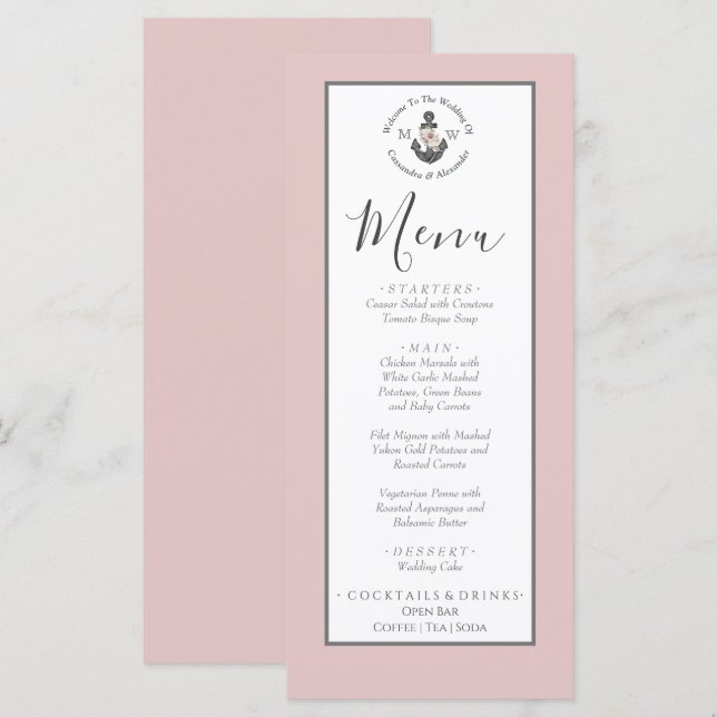Menu Nautical-Themed Floral Anchor Dusty Rose Pink (Front/Back)