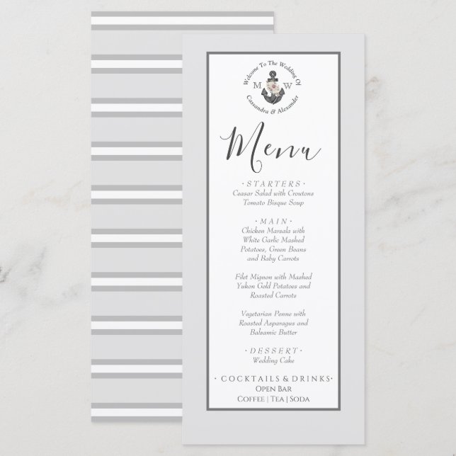 Menu Nautical-Themed Floral Anchor Silver Gray (Front/Back)