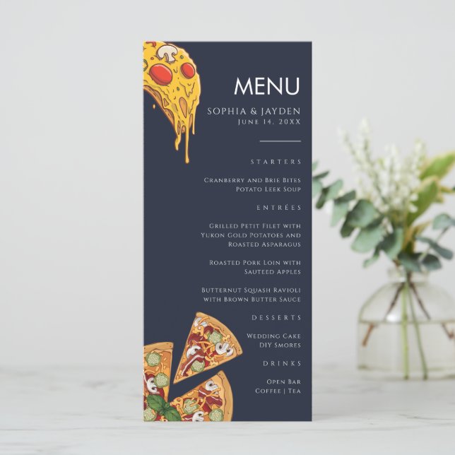 Menu Navy Blue PIZZA Modern Minimal Wedding (Standing Front)