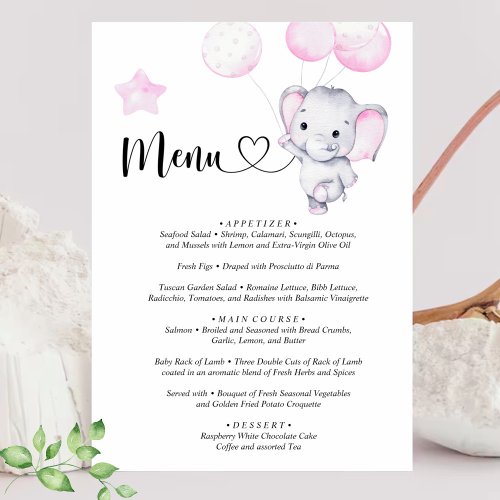 Menu Pink Elephant Watercolor Baby Shower