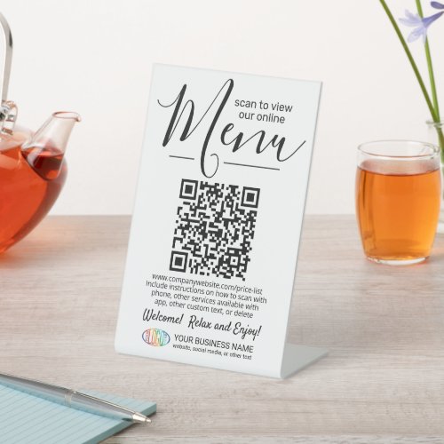 Menu  Price List QR Code Business Logo White Pedestal Sign