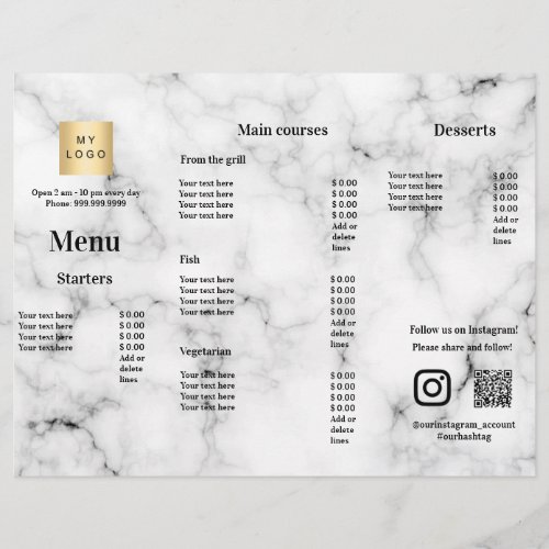 Menu price list restaurant bar cafe marble flyer
