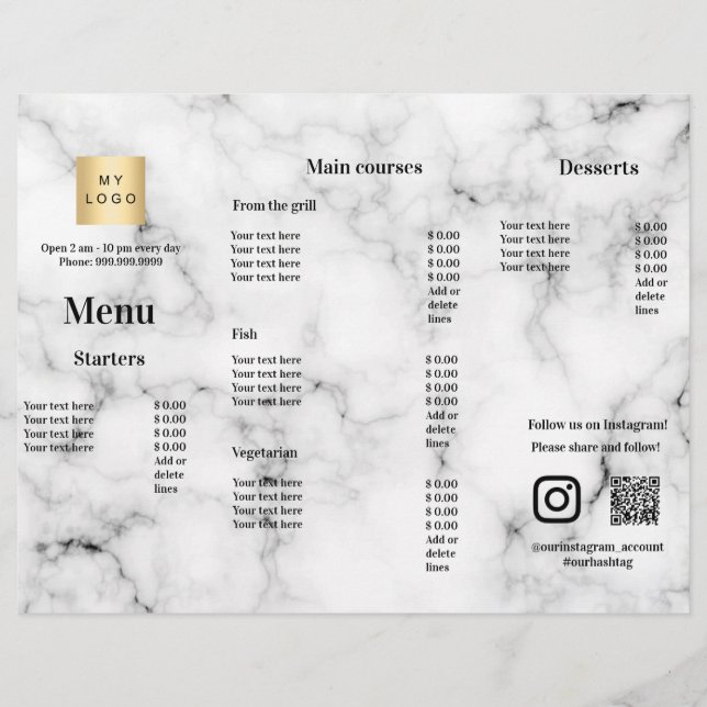 Menu price list restaurant bar cafe marble flyer (Front)