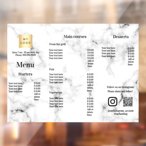 Menu price list restaurant bar cafe marble window cling