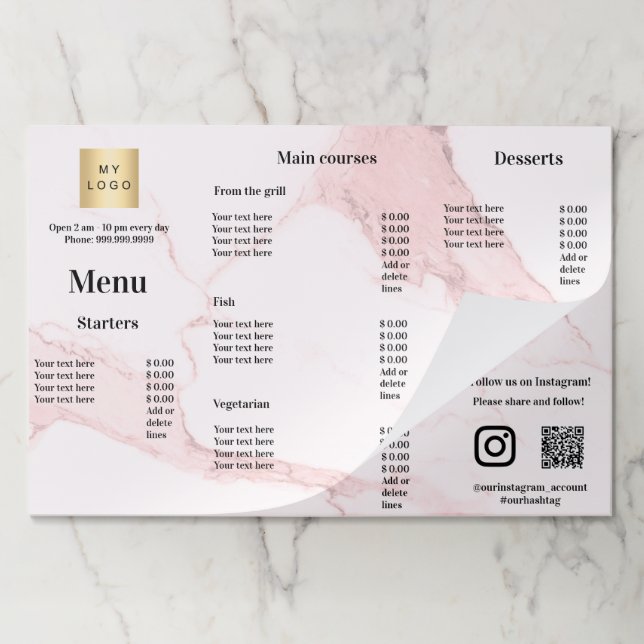 Menu price list restaurant bar cafe place mat (Folded)