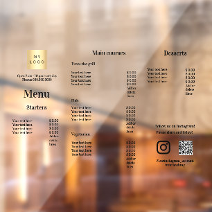 Menu price list restaurant bar cafe window cling