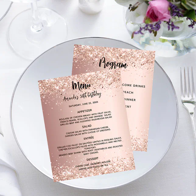 Menu program rose gold birthday flyer | Zazzle