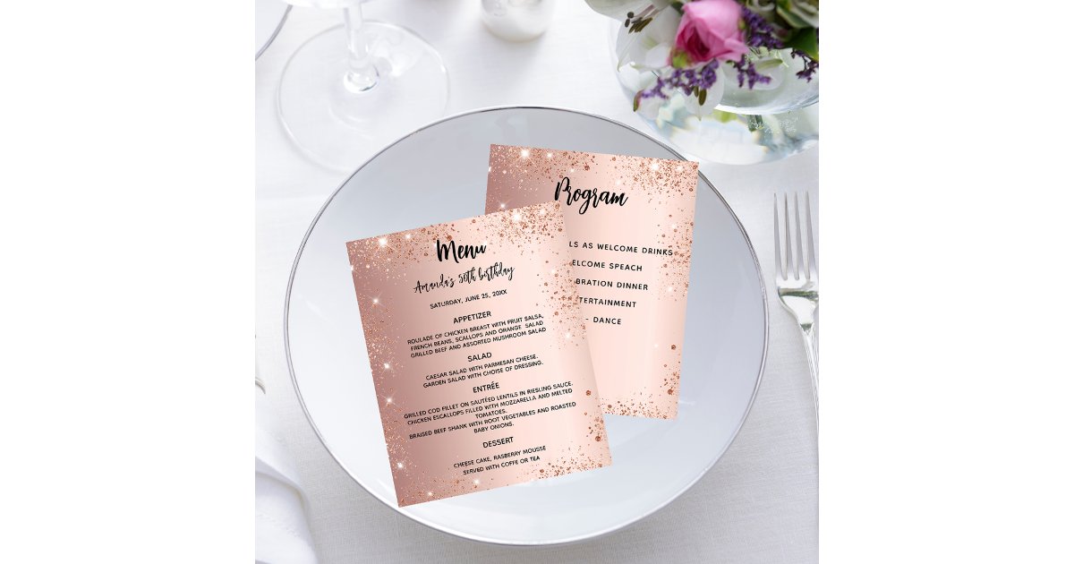 Menu program rose gold glitter birthday party | Zazzle