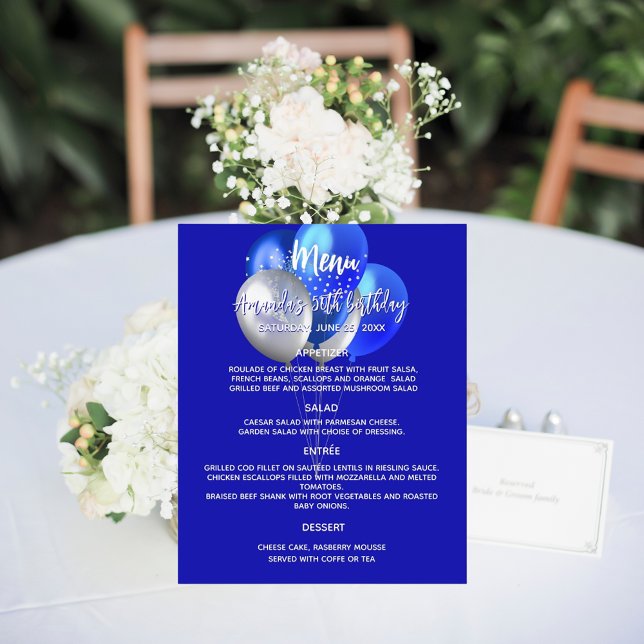 Menu program royal blue white balloons budget flyer (Creator Uploaded)