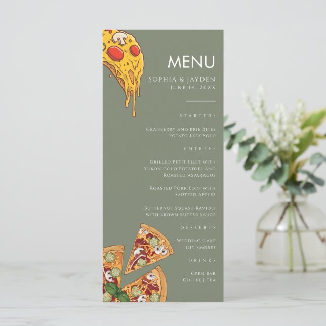 Menu Sage Green PIZZA Modern Minimal Wedding (Standing Front)
