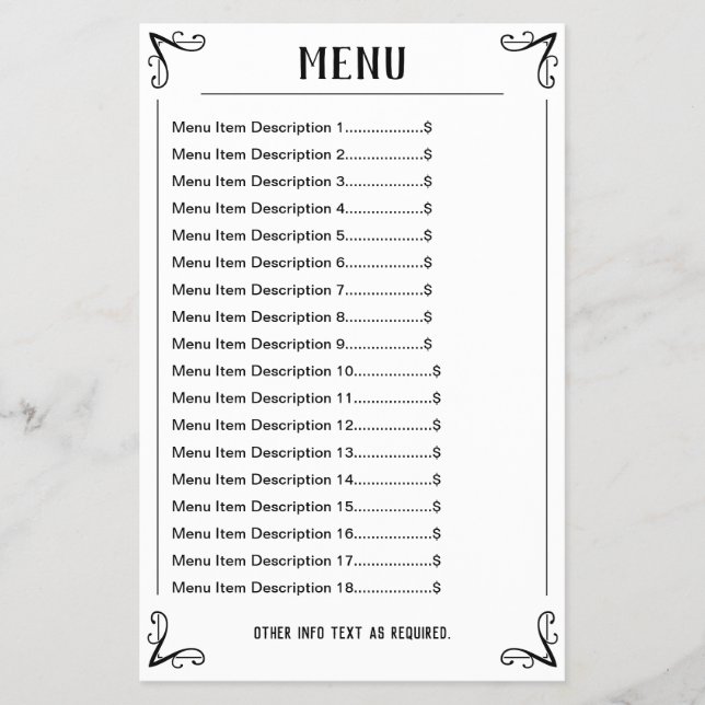 Menu Sheet with Editable Listings (Front)