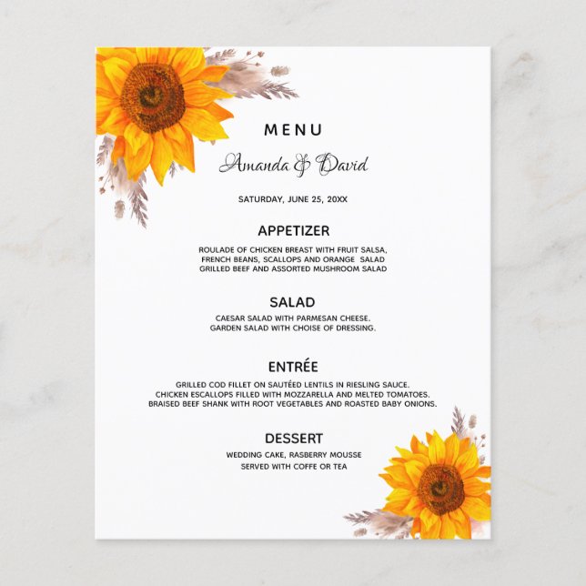 Menu sunflowers pampas grass Wedding dinner (Front)