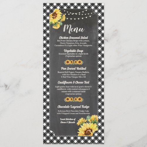 Menu Sunflowers Wedding Reception Black White