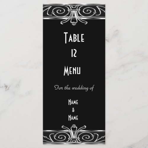 Menu Table Card Elegant Black Silver Art Deco