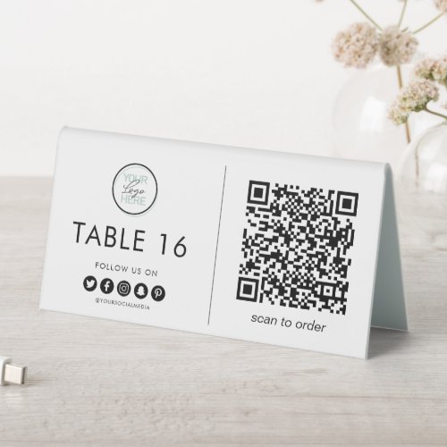 Menu Tableside Ordering QR Code Table Tent Sign - Restaurants, cafes and bars are now offering tableside ordering services. The table tent features your business logo, social media accounts, QR Code, and a table number.