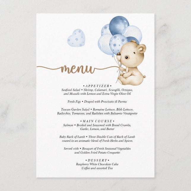 Menu Teddy Bear Baby Bear Baby Shower  (Front)