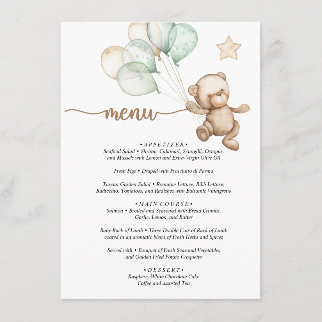 Menu Teddy Bear Baby Bear Baby Shower  (Front)