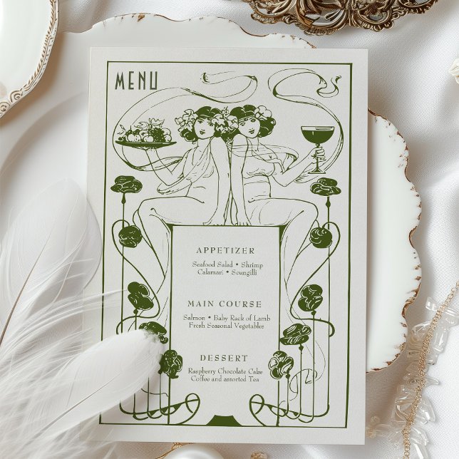 Menu Vintage Muted Sage Green Art Nouveau Invitation (Creator Uploaded)