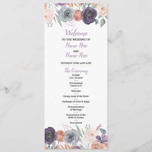 Menu Watercolor Floral Wedding Program Purple