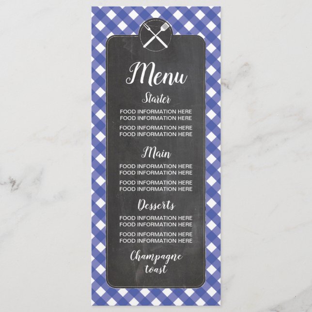 Menu Wedding Cards Blue Gingham Chalk BBQ (Front)