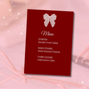 Menu Wedding Elegant Burgundy Lace Bow Card