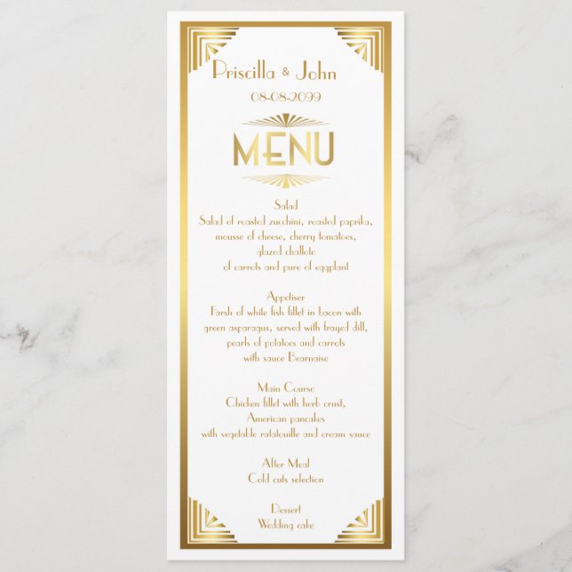 Menu Wedding,menu meeting,great Gatsby,white,gold (Front)