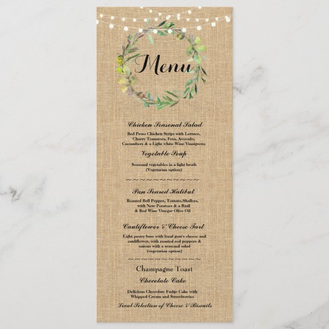 Menu Wedding Reception Rustic Burlap Floral Lights (Front)