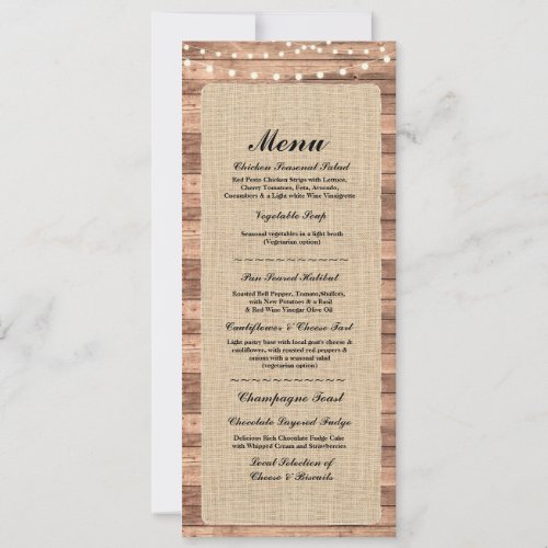 Menu Wedding Reception Rustic Burlap Wood Lights Invitation