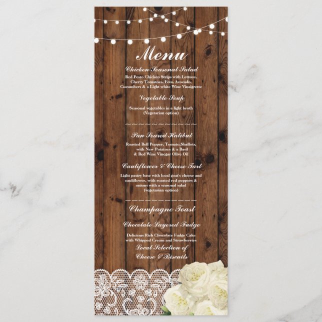 Menu Wedding Reception Rustic Wood Lace Cards (Front)